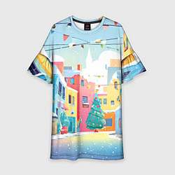 Платье клеш для девочки Разноцветный новогодний дворик, цвет: 3D-принт