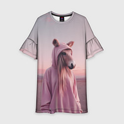 Платье клеш для девочки Лошадка в худи, цвет: 3D-принт