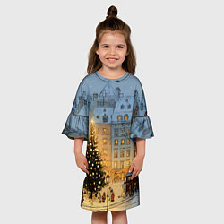 Платье клеш для девочки Новый год в старом уютном городе, цвет: 3D-принт — фото 2