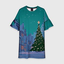 Платье клеш для девочки Зеленая новогодняя елка во вдоре, цвет: 3D-принт