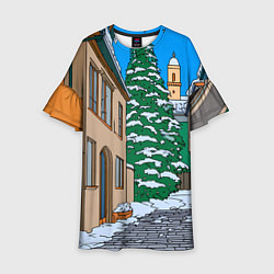 Платье клеш для девочки Новогодняя мультяшная улица, цвет: 3D-принт