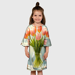 Платье клеш для девочки Нежно-розовые тюльпаны в лучах весны, цвет: 3D-принт — фото 2