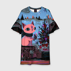 Платье клеш для девочки Кошка празднует Новый год, цвет: 3D-принт