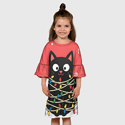 Платье клеш для девочки Котик в гирлянде, цвет: 3D-принт — фото 2