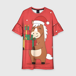 Платье клеш для девочки Новогодняя лошадка с подарками, цвет: 3D-принт