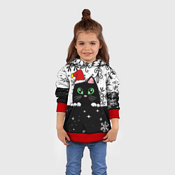 Толстовка-худи детская Новогодний кот в колпаке Санты, цвет: 3D-красный — фото 2