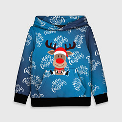 Толстовка-худи детская Merry Christmas Олень с подарком, цвет: 3D-черный