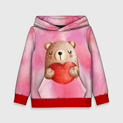 Толстовка-худи детская Медвежонок с сердечком День влюбленных, цвет: 3D-красный