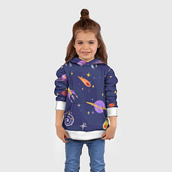 Толстовка-худи детская Космический дизайн с планетами, звёздами и ракетам, цвет: 3D-белый — фото 2