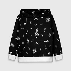 Детская толстовка Нотные Знаки Белые на Черном