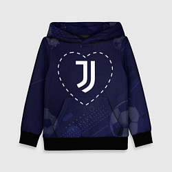 Толстовка-худи детская Лого Juventus в сердечке на фоне мячей, цвет: 3D-черный