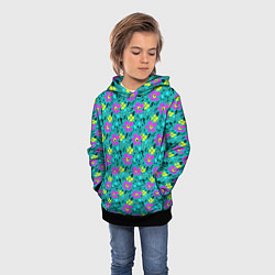 Толстовка-худи детская Яркий цветочный узор на бирюзовом фоне, цвет: 3D-черный — фото 2