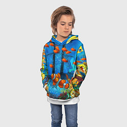 Толстовка-худи детская Затонувший корабль в окружении обитателей океана, цвет: 3D-белый — фото 2