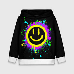 Толстовка-худи детская Смайлик - неоновые брызги, цвет: 3D-белый