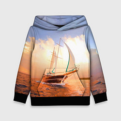 Толстовка-худи детская Парусник в океане на фоне заката, цвет: 3D-черный