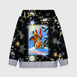 Толстовка-худи детская Новый год белка и пакет с подарками, цвет: 3D-меланж