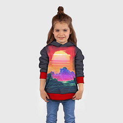 Толстовка-худи детская Синтвейв неоновые горы на закате, цвет: 3D-красный — фото 2