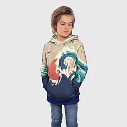 Толстовка-худи детская Большая океанская волна и силуэт пустынного остров, цвет: 3D-синий — фото 2