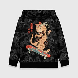 Толстовка-худи детская Кот самурай на скейтборде, цвет: 3D-черный