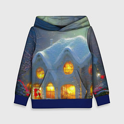 Толстовка-худи детская Сказочный зимний домик, покрытый снегом, цвет: 3D-синий