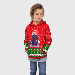 Толстовка-худи детская Красный новогодний свитер - кролик, цвет: 3D-меланж — фото 2