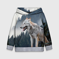 Толстовка-худи детская Волк на фоне леса, цвет: 3D-меланж