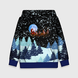 Толстовка-худи детская Санта на оленях в ночном небе, цвет: 3D-синий