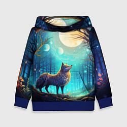 Толстовка-худи детская Волк в ночном лесу в folk art стиле, цвет: 3D-синий