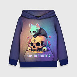 Толстовка-худи детская Черный котенок на черепе мрачный неоновый фон, цвет: 3D-синий