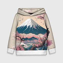 Толстовка-худи детская Японский пейзаж: цветение сакуры у горы Фудзияма, цвет: 3D-белый