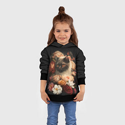 Толстовка-худи детская Милый котик окружённый цветами, цвет: 3D-черный — фото 2