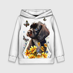 Толстовка-худи детская Черный щенок и жёлтые полевые цветы, цвет: 3D-белый