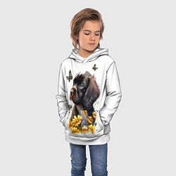 Толстовка-худи детская Черный щенок и жёлтые полевые цветы, цвет: 3D-белый — фото 2