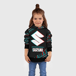 Толстовка-худи детская Значок Suzuki в стиле glitch на темном фоне, цвет: 3D-черный — фото 2