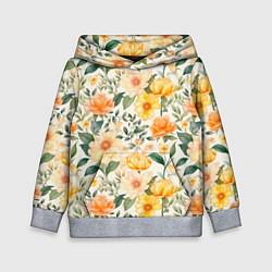 Толстовка-худи детская Желтые и розовые хризантемы и пионы на светлом фон, цвет: 3D-меланж