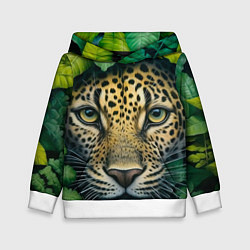 Толстовка-худи детская Леопард в листьях, цвет: 3D-белый