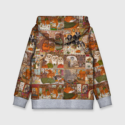 Детская толстовка Коллаж из сказочных зверей - совы, белки, ёжики / 3D-Меланж – фото 2