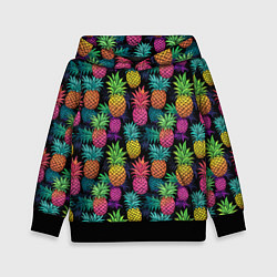 Толстовка-худи детская Разноцветные ананасы паттерн, цвет: 3D-черный
