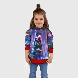 Толстовка-худи детская Девчонка в маске в мегаполисе - киберпанк, цвет: 3D-красный — фото 2