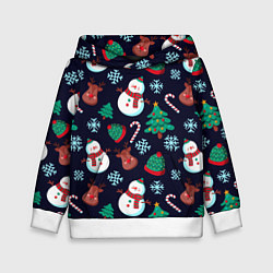 Толстовка-худи детская Снеговички с рождественскими оленями и елками, цвет: 3D-белый