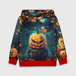 Толстовка-худи детская Хэллоуинская тыква под луной, цвет: 3D-красный