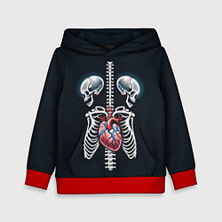 Толстовка-худи детская Два сросшихся скелета и сердце, цвет: 3D-красный