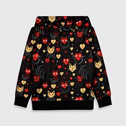 Толстовка-худи детская Паттерн с сердечками и котами валентинка, цвет: 3D-черный