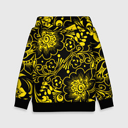 Толстовка-худи детская Хохломская роспись золотые цветы на чёроном фоне, цвет: 3D-черный