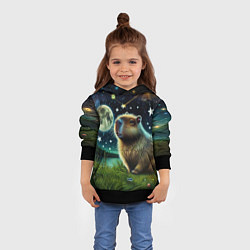 Толстовка-худи детская Капибара прогулки в полнолуние, цвет: 3D-черный — фото 2
