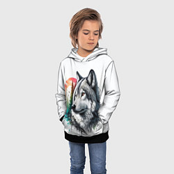 Толстовка-худи детская Портрет волка на фоне природы, цвет: 3D-черный — фото 2