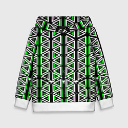 Толстовка-худи детская Бело-зелёные треугольники на чёрном фоне, цвет: 3D-белый