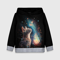 Толстовка-худи детская Котик смотрит на небо космоса, цвет: 3D-меланж