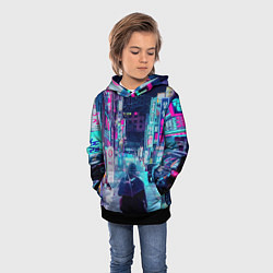 Толстовка-худи детская Дождливый неоновый вечер в Японии, цвет: 3D-черный — фото 2