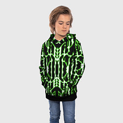 Толстовка-худи детская Техно белые линии с зелёной обводкой на чёрном фон, цвет: 3D-черный — фото 2